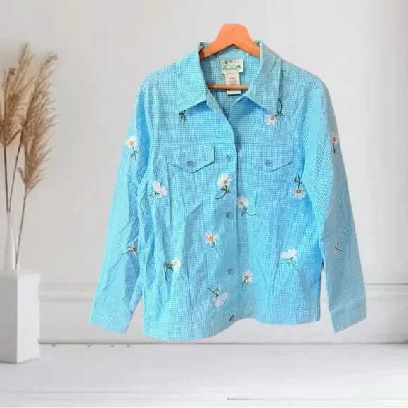 Quacker Factory Jacket Womens Small S Gingham Vintage Embroidered Floral Cotton - Picture 2 of 6